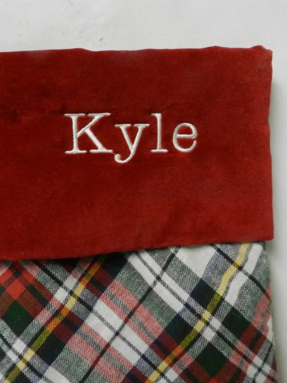 Pottery Barn Embroidered Kyle Christmas Stocking red Velvet Tartan plaid